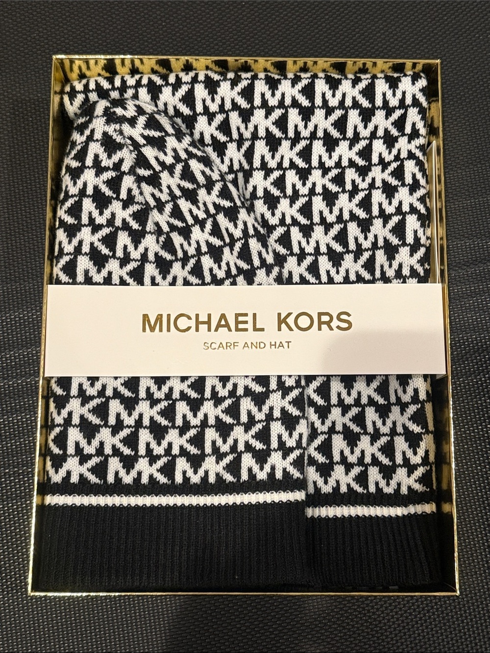 Michael Kors Black & White MK Logo Knit Scarf and Hat Set